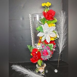 Red with Yellow accents Zebra Sunflower themed Table Topper Glass Centerpiece